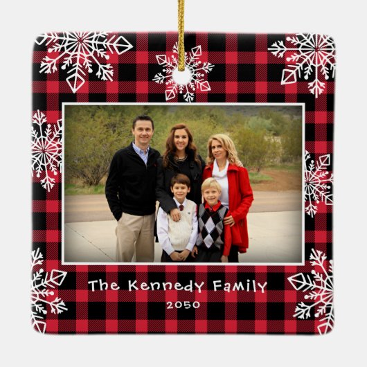 メリークリスマス2写真スノーフレーク赤い格子模様 セラミックオーナメント (裏面)