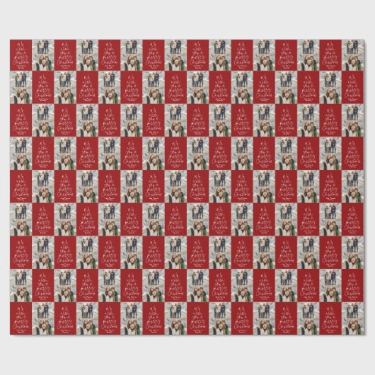 メリークリスマス2枚の写真パーソナライズされた暗赤色 ラッピングペーパー (フラット)