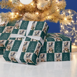 メリークリスマス2枚の写真パーソナライズされた濃い緑 ラッピングペーパー