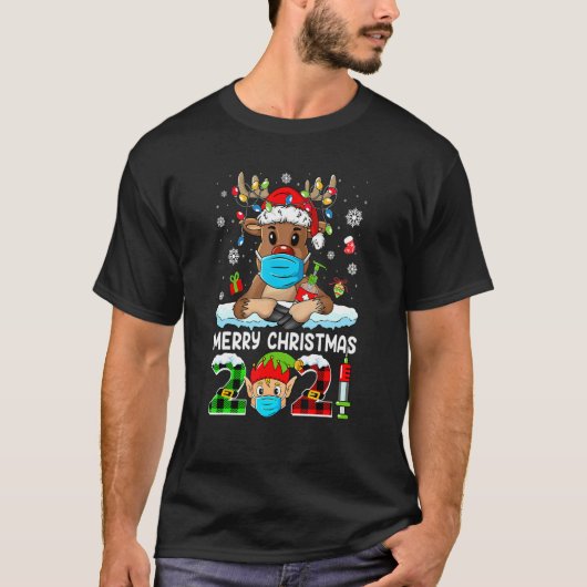 メリークリスマス2021トナカイのサンタパジャマスファミリー Tシャツ (正面)