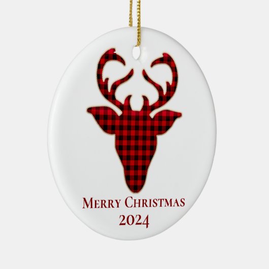メリークリスマス2024赤と黒の格子縞トナカイ セラミックオーナメント (右)