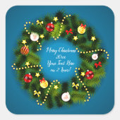 メリークリスマス20XX追加文字グリーンリースブルー スクエアシール (正面)