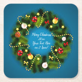 メリークリスマス20XX追加文字グリーンリースブルー スクエアペーパーコースター (正面)