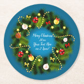 メリークリスマス20XX追加文字グリーンリースブルー ラウンドペーパーコースター (正面)
