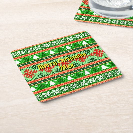 メリークリスマス20XX追加文字年クリスマスニット スクエアペーパーコースター (アングル)