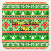 メリークリスマス20XX追加文字年クリスマスニット スクエアペーパーコースター (正面)