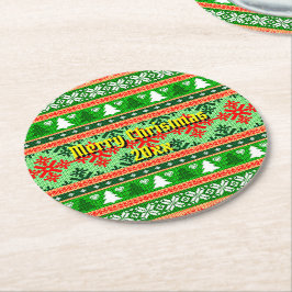 メリークリスマス20XX追加文字年クリスマスニット ラウンドペーパーコースター