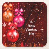 メリークリスマス20XX追加文字年レッドピンクブラウン スクエアペーパーコースター (正面)