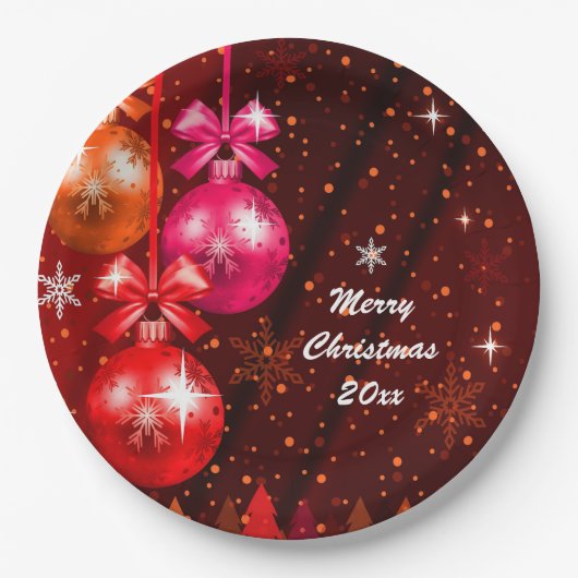 メリークリスマス20XX追加文字年レッドピンクブラウン ペーパープレート (正面)