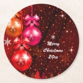 メリークリスマス20XX追加文字年レッドピンクブラウン ラウンドペーパーコースター (正面)