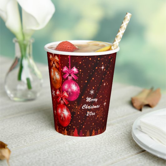メリークリスマス20XX追加文字年レッドピンクブラウン 紙コップ (インサイチュ)