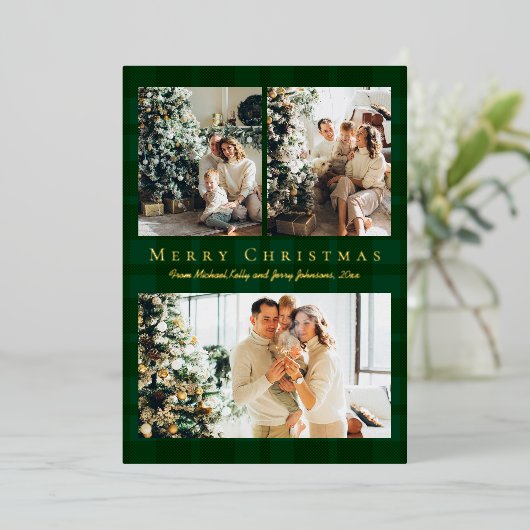 メリークリスマス3の写真グリーンバッファローplaid金ゴールド 箔シーズンカード (立ち正面)