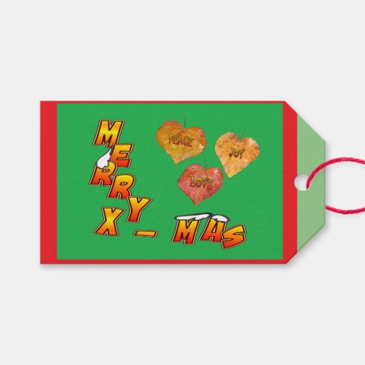 メリークリスマス3ハート型葉ラベルレッドギフト ギフトタグ (正面(横))