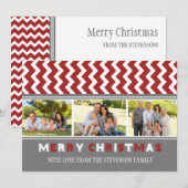 メリークリスマス3フォトカードグレーレッドシェブロン シーズンカード (正面/裏面)