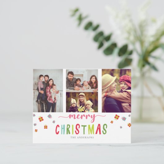 メリークリスマス3フォトコラージュカラフルフェスティバル ポストカード (スタンド正面)