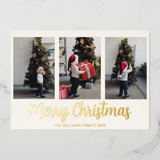 メリークリスマス3フォトコラージュ実在金ゴールド 箔シーズンカード (正面)