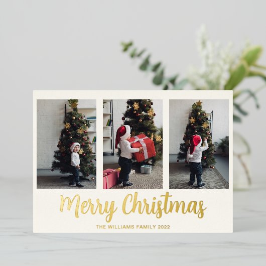 メリークリスマス3フォトコラージュ実在金ゴールド 箔シーズンカード (立ち正面)