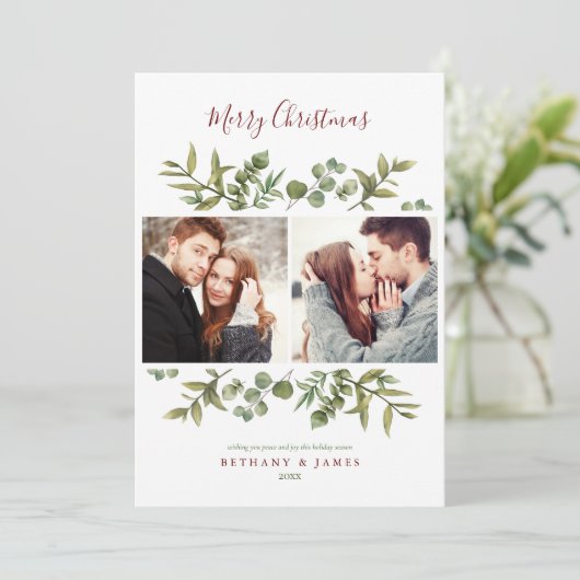 メリークリスマス3フォト緑モダン色のカップル シーズンカード (スタンド正面)