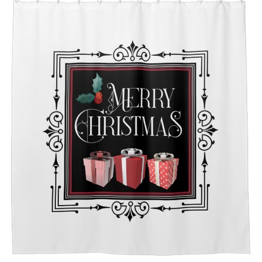 メリークリスマス3レッドパッケージアールデコフレーム シャワーカーテン (正面)