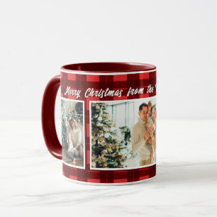 メリークリスマス3写真コラージュ赤いバッファローplaid マグカップ
