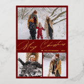 メリークリスマス3写真コラージュ赤エレガント金ゴールド 箔シーズンカード (正面)