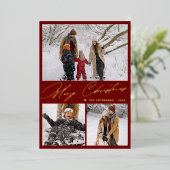 メリークリスマス3写真コラージュ赤エレガント金ゴールド 箔シーズンカード (立ち正面)