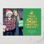 メリークリスマス3写真緑の家族 箔シーズンカード (正面)