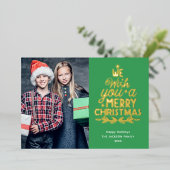 メリークリスマス3写真緑の家族 箔シーズンカード (立ち正面)