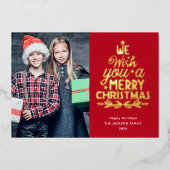 メリークリスマス3写真赤家族 箔シーズンカード (正面)