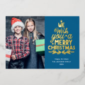 メリークリスマス3写真青家族 箔シーズンカード (正面)