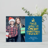 メリークリスマス3写真青家族 箔シーズンカード (立ち正面)