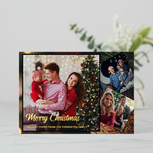 メリークリスマス3家族の写真 箔シーズンカード (立ち正面)