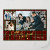 メリークリスマス3枚の写真はエレガント赤い格子縞の文字を描く 箔シーズンカード (正面)