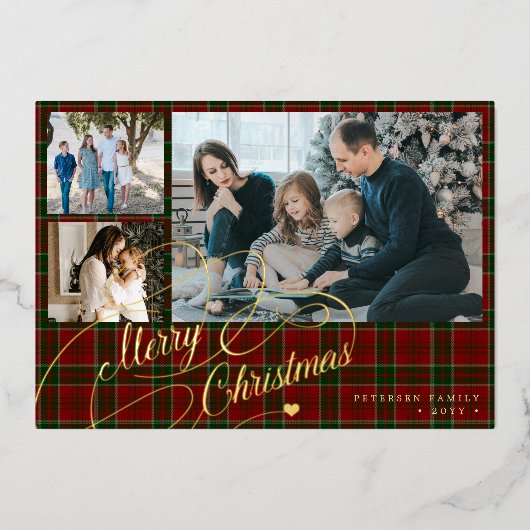 メリークリスマス3枚の写真はエレガント赤い格子縞の文字を描く 箔シーズンカード (正面)