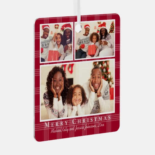 メリークリスマス3枚の写真コラージュ赤いバッファローのプレイド メタルオーナメント (正面右)