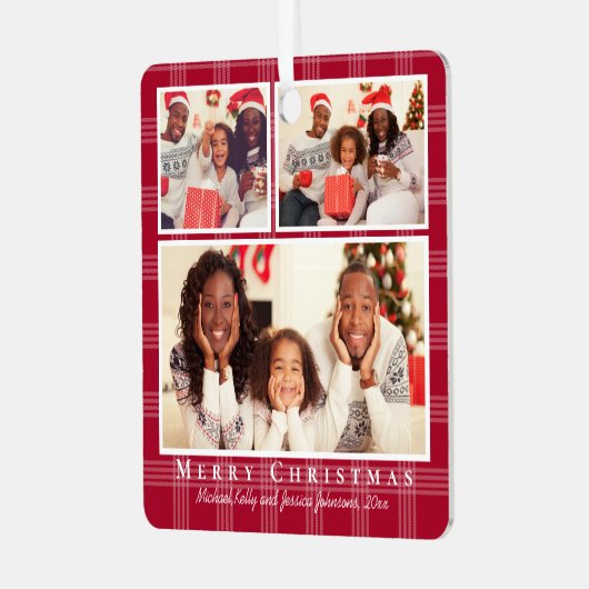 メリークリスマス3枚の写真コラージュ赤いバッファローのプレイド メタルオーナメント (正面左)