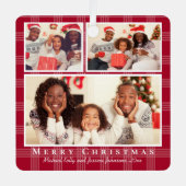 メリークリスマス3枚の写真コラージュ赤いバッファローのプレイド メタルオーナメント (正面)