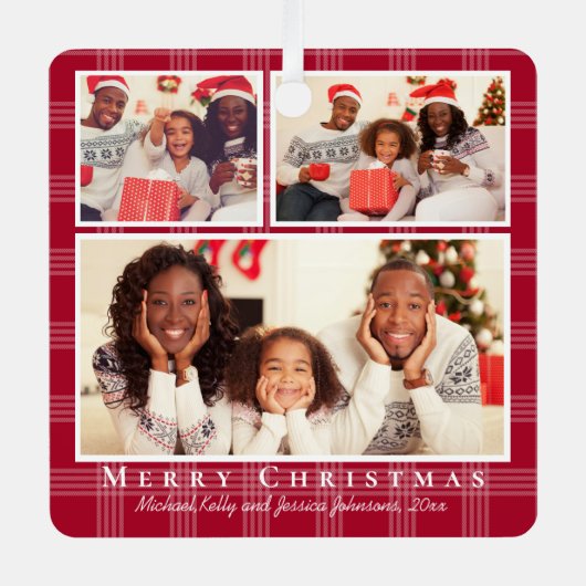 メリークリスマス3枚の写真コラージュ赤いバッファローのプレイド メタルオーナメント (正面)