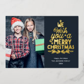 メリークリスマス3枚の写真ファミリーフォイルホリデーカード 箔シーズンカード (正面)