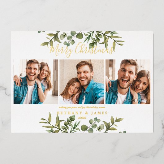 メリークリスマス3枚の写真緑の金ゴールド 箔シーズンカード (正面)