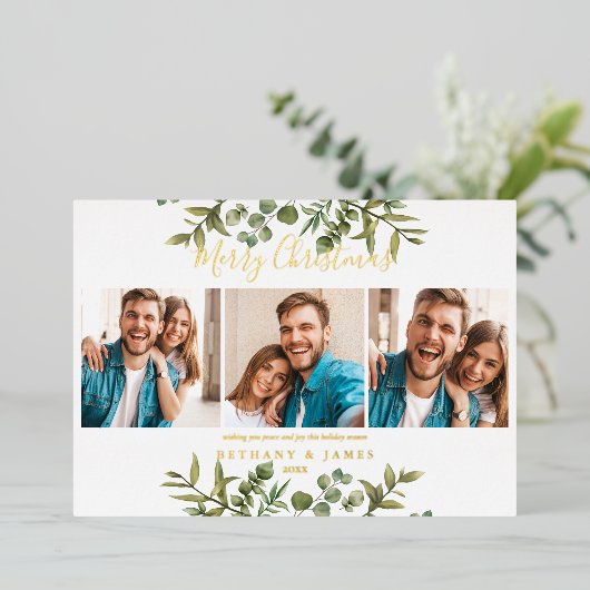 メリークリスマス3枚の写真緑の金ゴールド 箔シーズンカード (立ち正面)