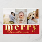 メリークリスマス3枚フォトコラージュ赤白 箔シーズンカード (正面)