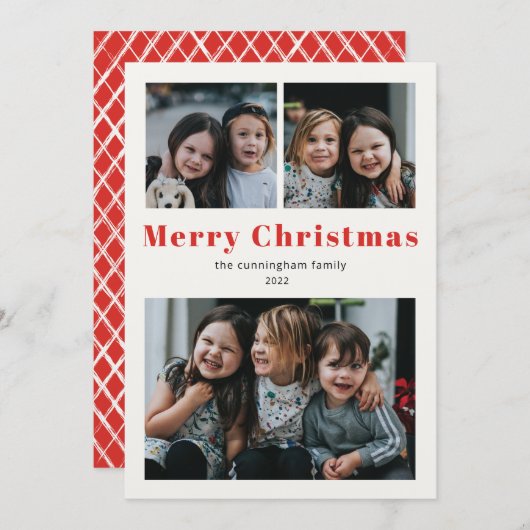 メリークリスマス3枚フォトシンプルー赤クラフトホリド シーズンカード (正面/裏面)