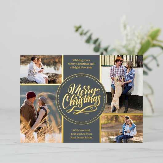 メリークリスマス4フォトコラージグレイと金ゴールド 箔シーズンカード (立ち正面)