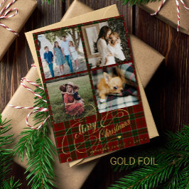 メリークリスマス4フォトコラージスクリプトレッドタータンチェック 箔シーズンカード