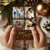 メリークリスマス4フォトコラージスクリプトレッドタータンチェック 箔シーズンカード