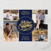 メリークリスマス4フォトコラージブルーと金ゴールド 箔シーズンカード (正面)