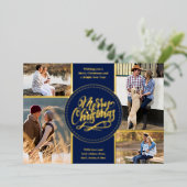 メリークリスマス4フォトコラージブルーと金ゴールド 箔シーズンカード (立ち正面)