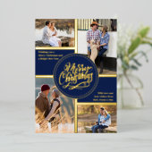 メリークリスマス4フォトコラージブルーと金ゴールド 箔シーズンカード (立ち正面)