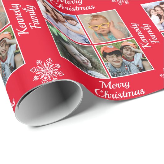 メリークリスマス4フォトコラージュ家族名赤 ラッピングペーパー (ロールコーナー)